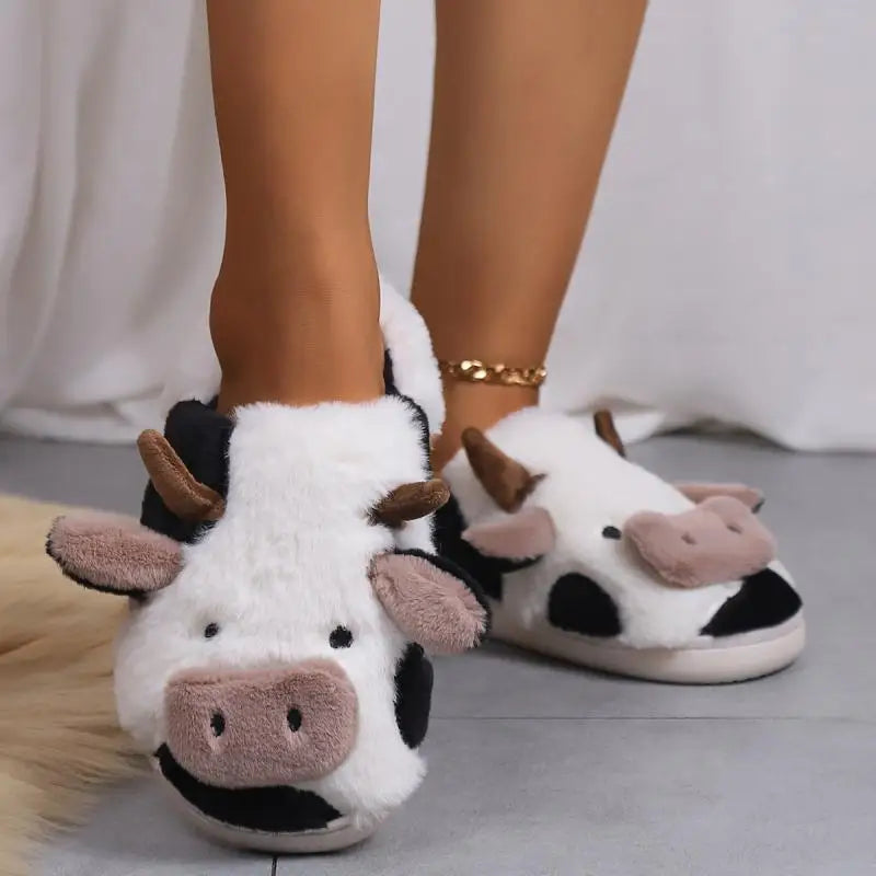 Casual Fluffy Slippers Women Home Flats Cute Cartoon Cow Designer Shoes Girls Fashion Popular Cotton Platform Slipper House New