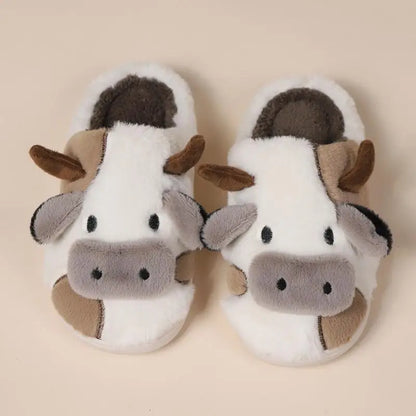 Casual Fluffy Slippers Women Home Flats Cute Cartoon Cow Designer Shoes Girls Fashion Popular Cotton Platform Slipper House New