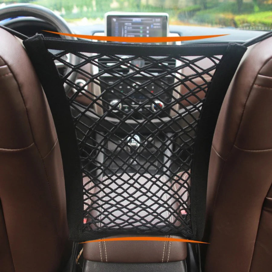 Pet car barrier with safety mesh and storage bag.
Protects back seat and keeps pets secure.