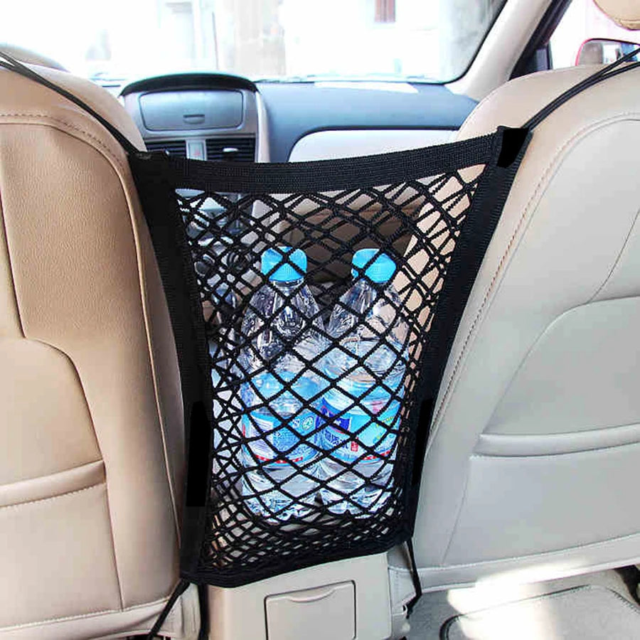 Pet car barrier with safety mesh and storage bag.
Protects back seat and keeps pets secure.