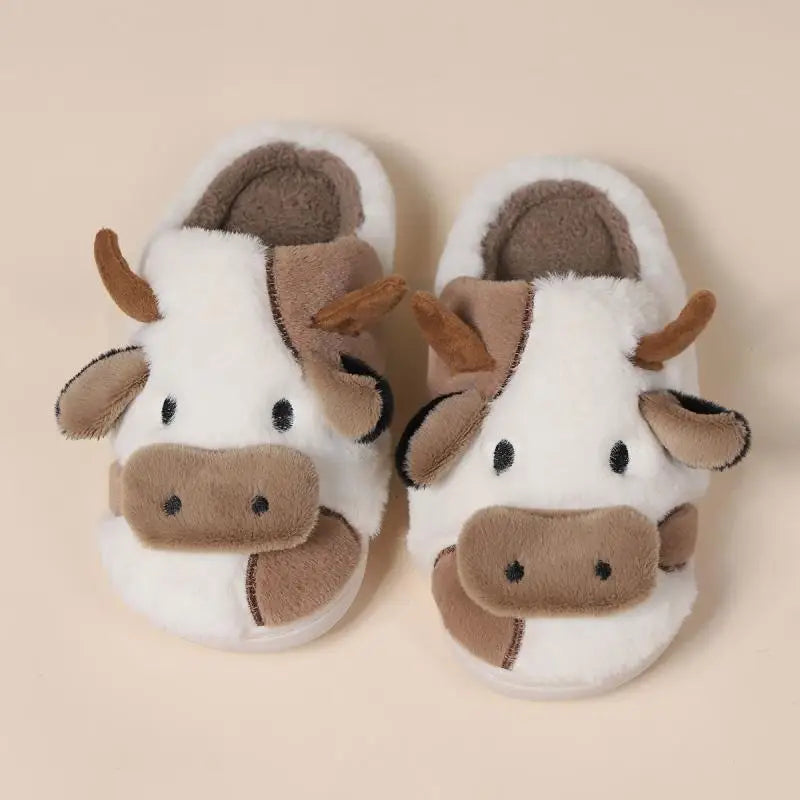 Casual Fluffy Slippers Women Home Flats Cute Cartoon Cow Designer Shoes Girls Fashion Popular Cotton Platform Slipper House New